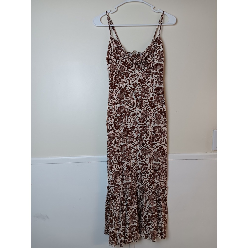 Monteau Dress Womens XS Brown Floral Maxi‎ Smocked Ruffle Hem Strappy Sundress